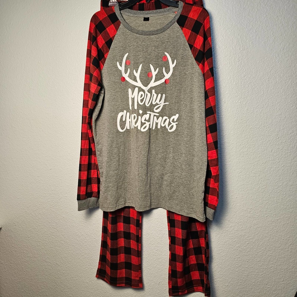 Pajama Set ‎ Merry  Christmas  Letter Plaid Print Top Blouse Pants  Size L